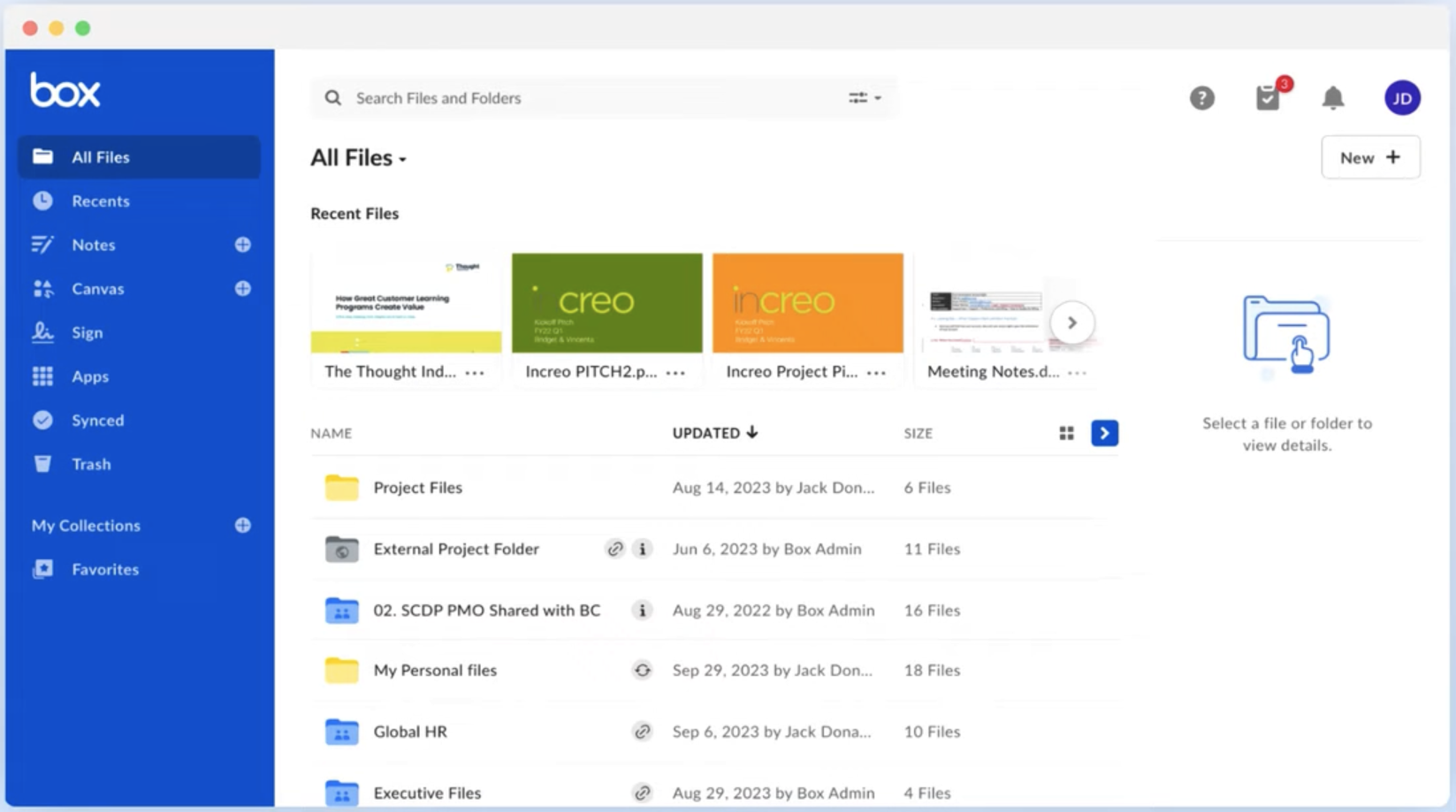 Box All Files home screen, showing recent files and a folder list organized by department names like Global HR and Executive Files
