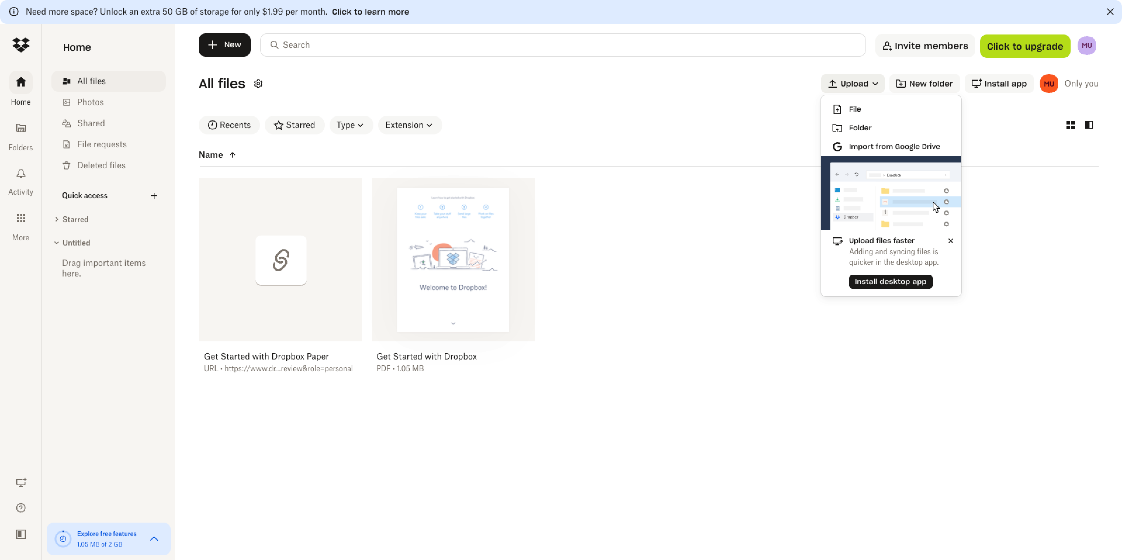 Dropbox All Files home screen, showing a generic folder-and-file view with an Upload menu open
