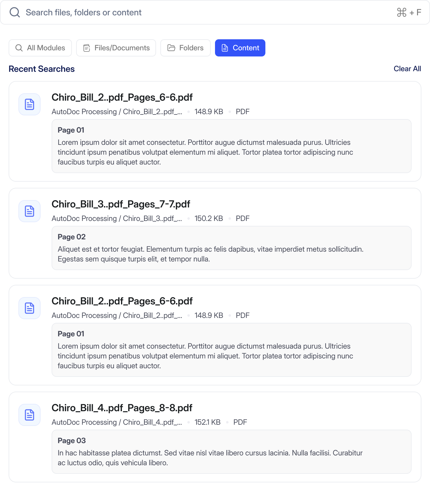 LitBox global search results in Content mode, showing files like Chiro_Bill_2.pdf with AutoDoc Processing source path, page number, and a highlighted text snippet from the extracted document content