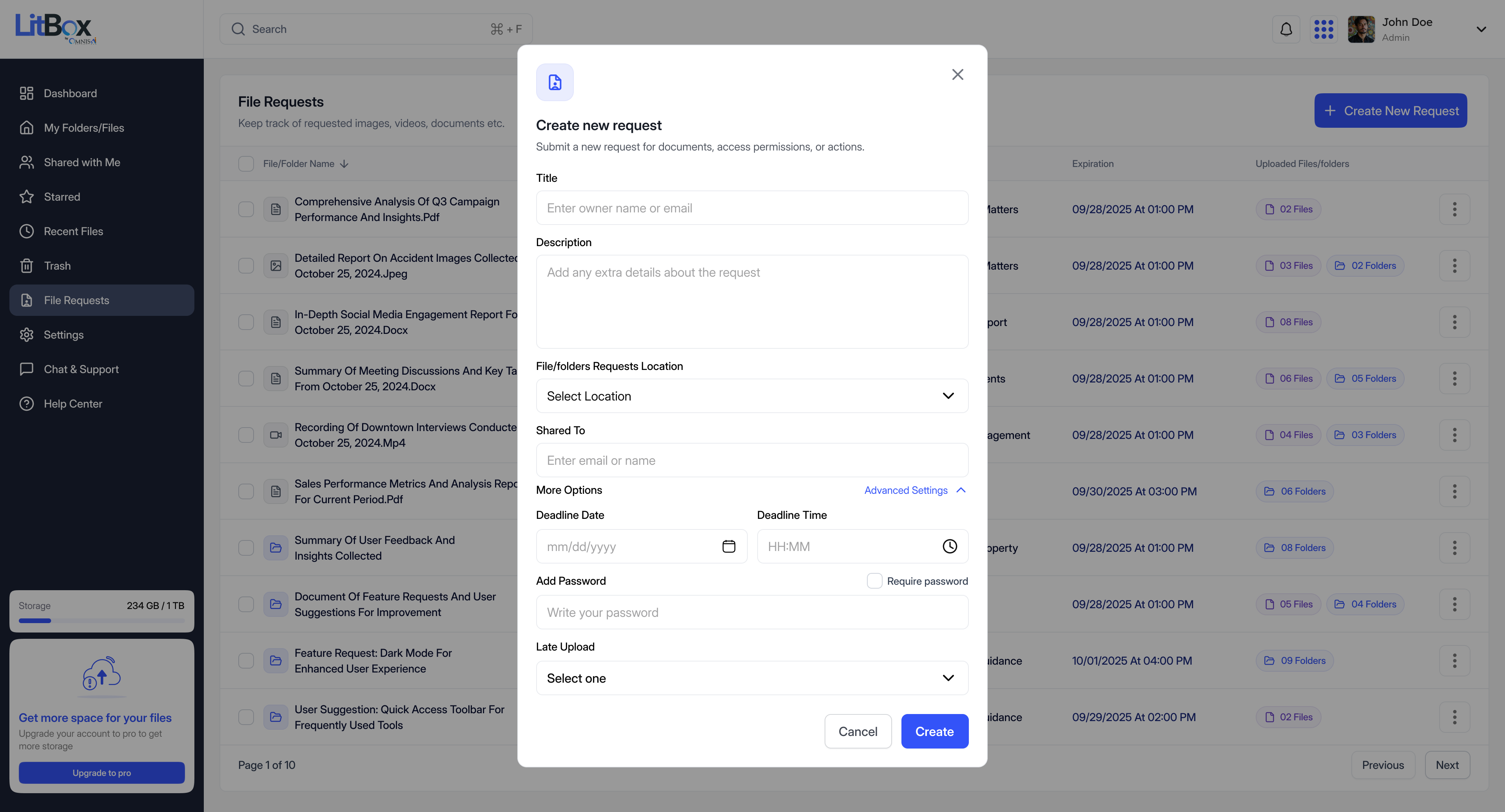 LitBox Create new request modal with Advanced Settings expanded, showing deadline date and time, a Require password toggle, and a Late Upload option