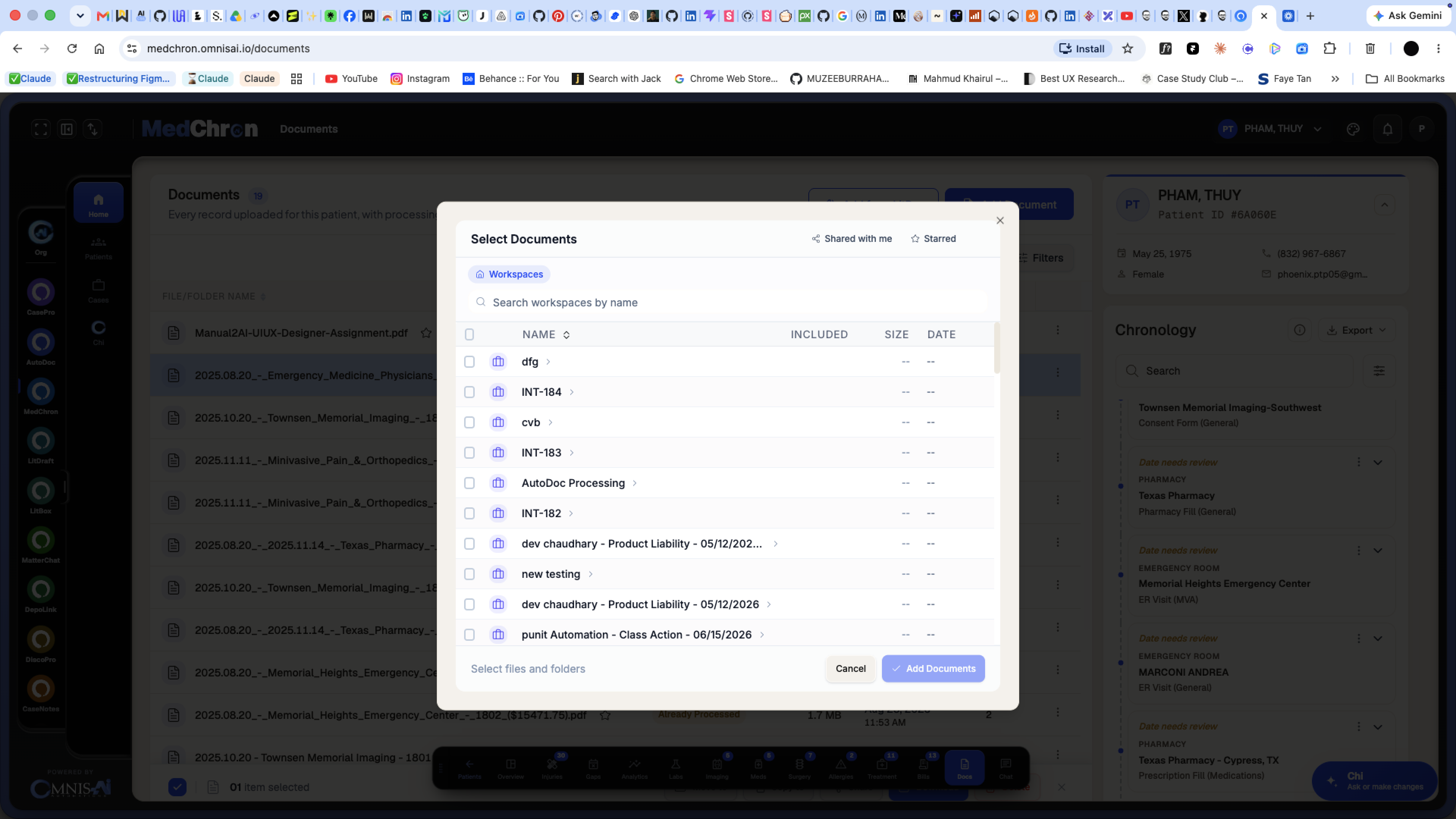 MedChron Documents page with a LitBox Select Documents picker modal open, showing a workspace file browser with Shared with me and Starred tabs