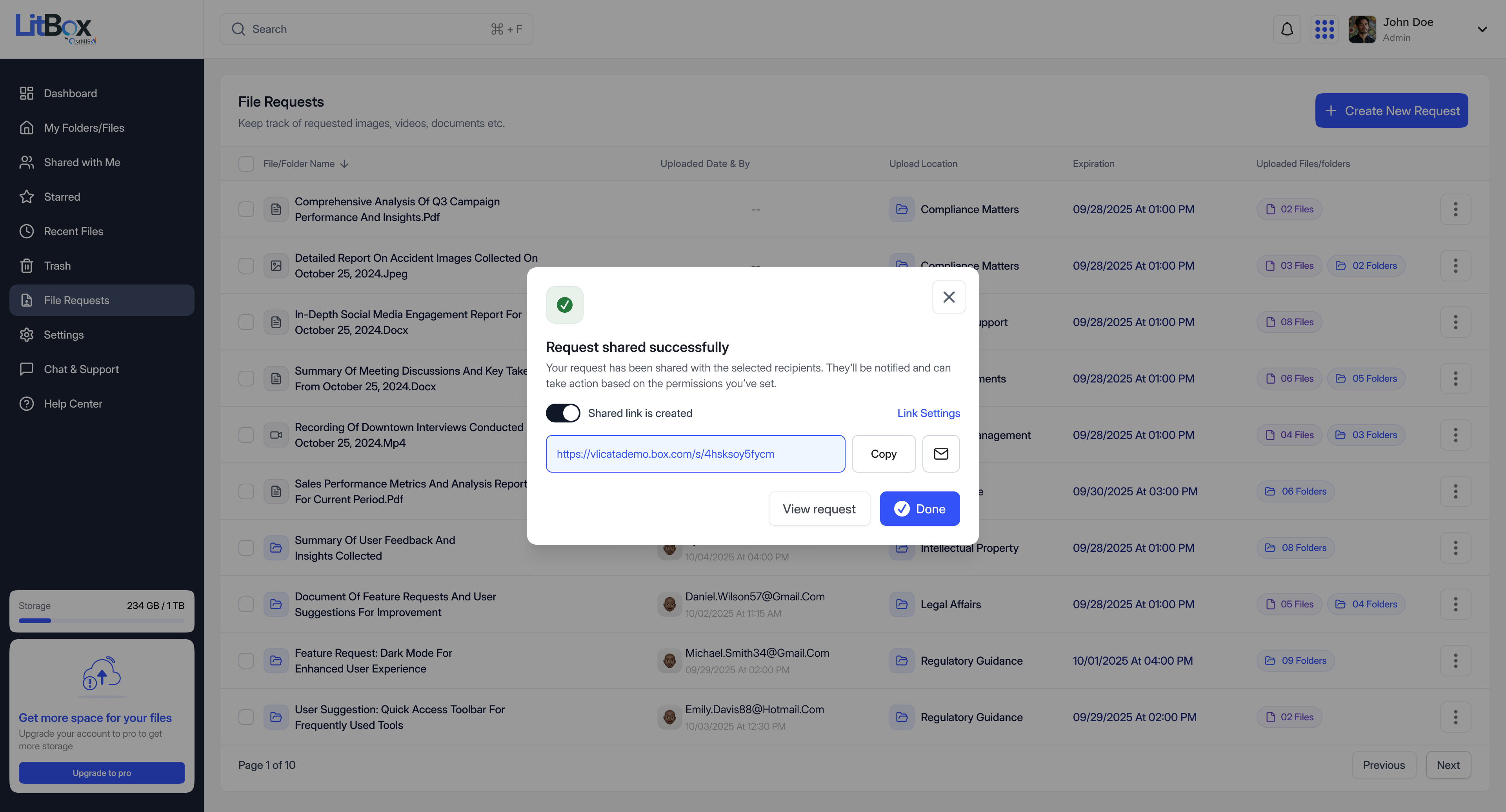 LitBox Request shared successfully confirmation with a generated share link, Copy and email actions, and View request / Done buttons