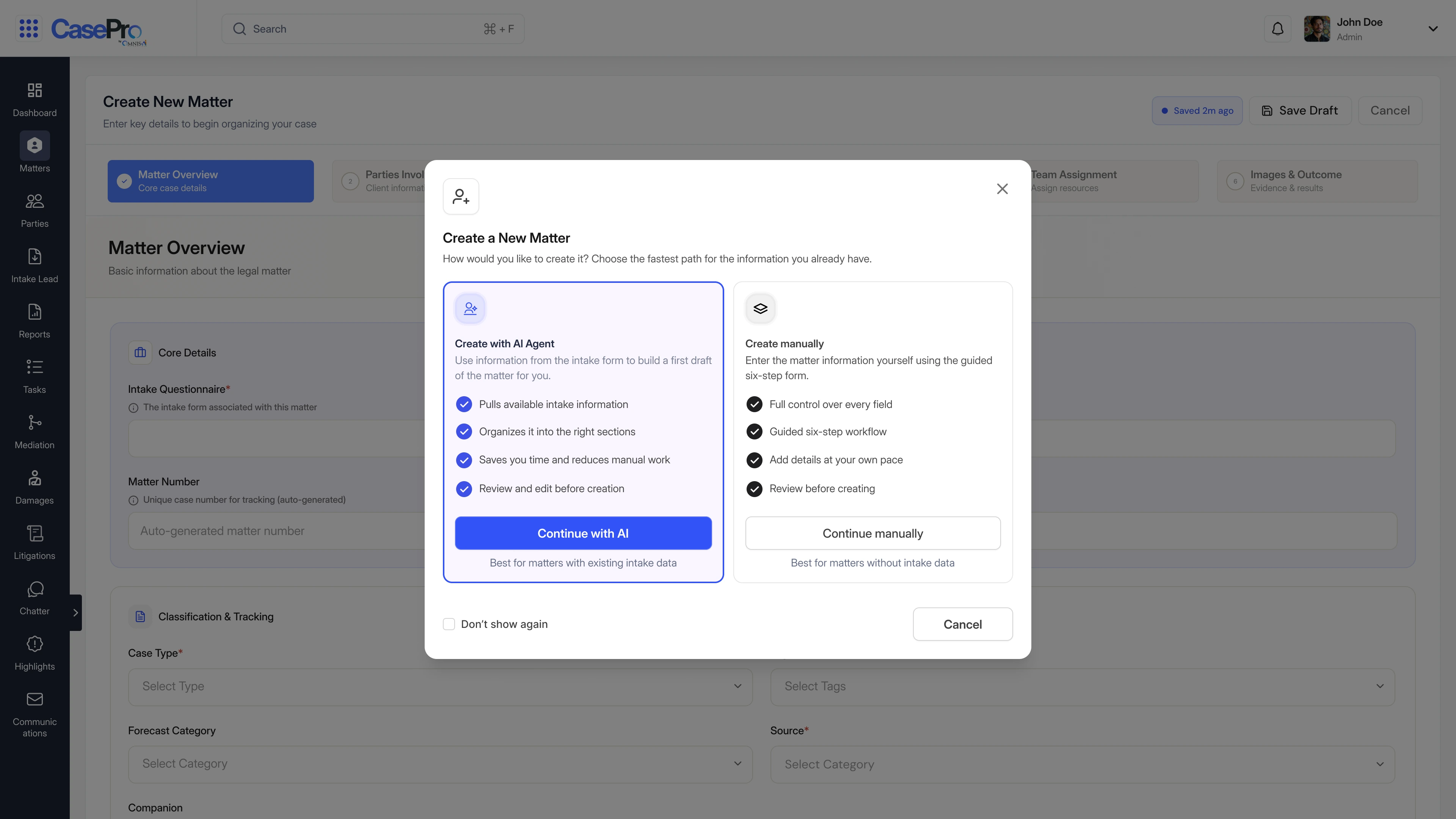 CasePro Matter Redesign: Splitting Intake from Case Creation