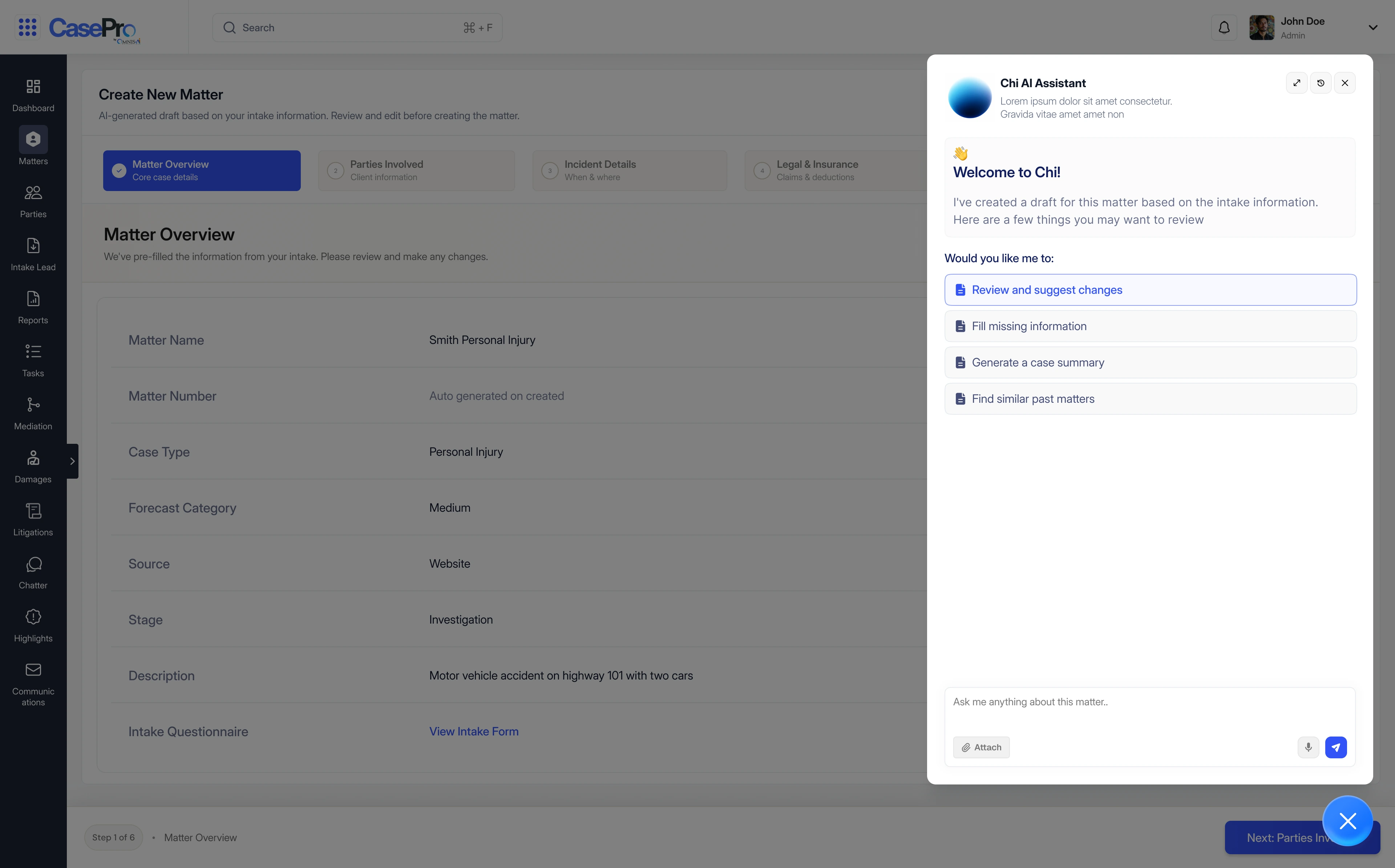 Chi AI Assistant panel offering to review and suggest changes, fill missing information, generate a case summary, or find similar past matters, alongside the prefilled matter overview