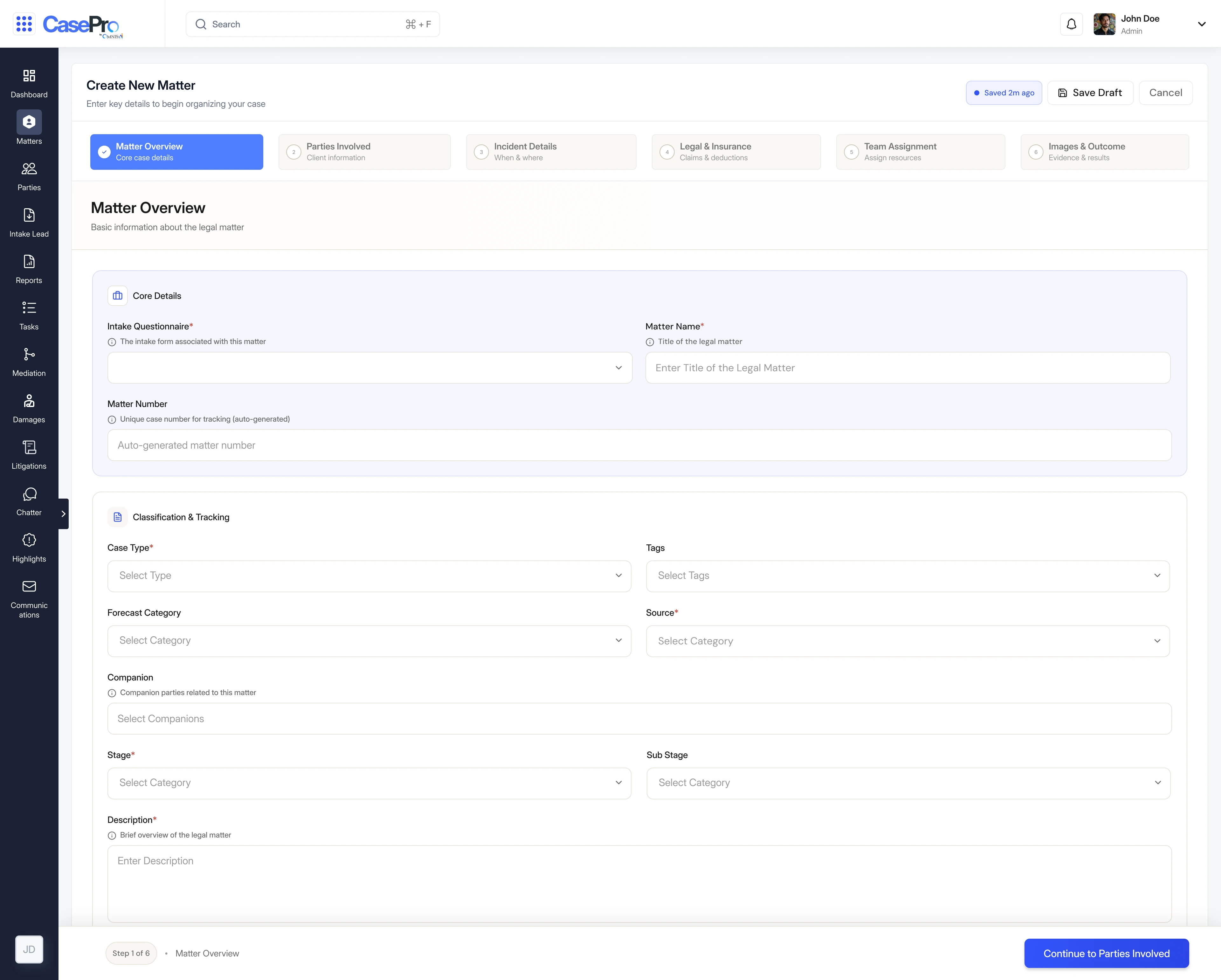 Manual Create New Matter flow, step 1 of 6, Matter Overview, with Core Details and Classification and Tracking grouped into labeled cards on a blank form
