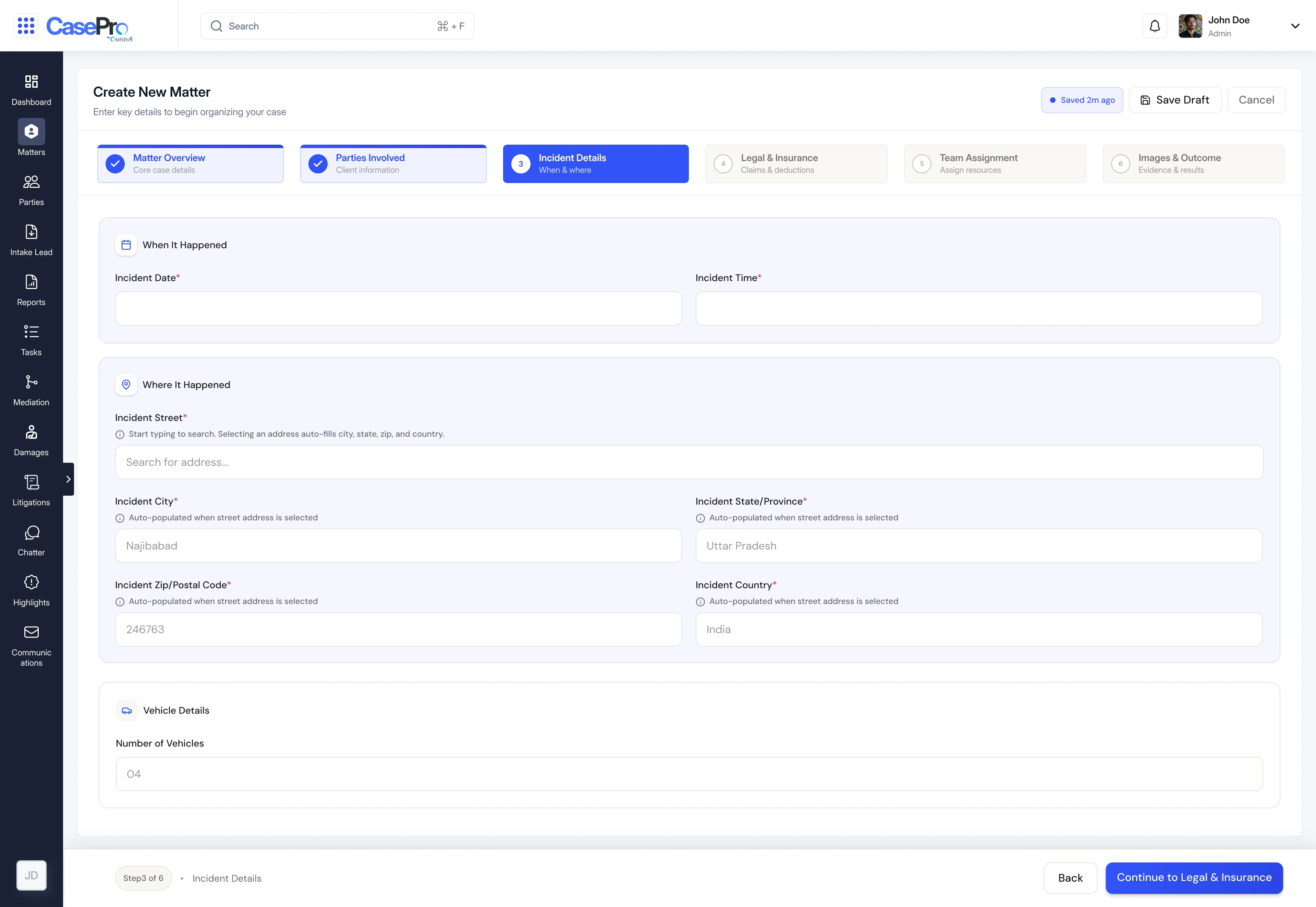 Manual flow step 3, Incident Details, with an address search field that automatically populates city, state, and zip code once an address is selected