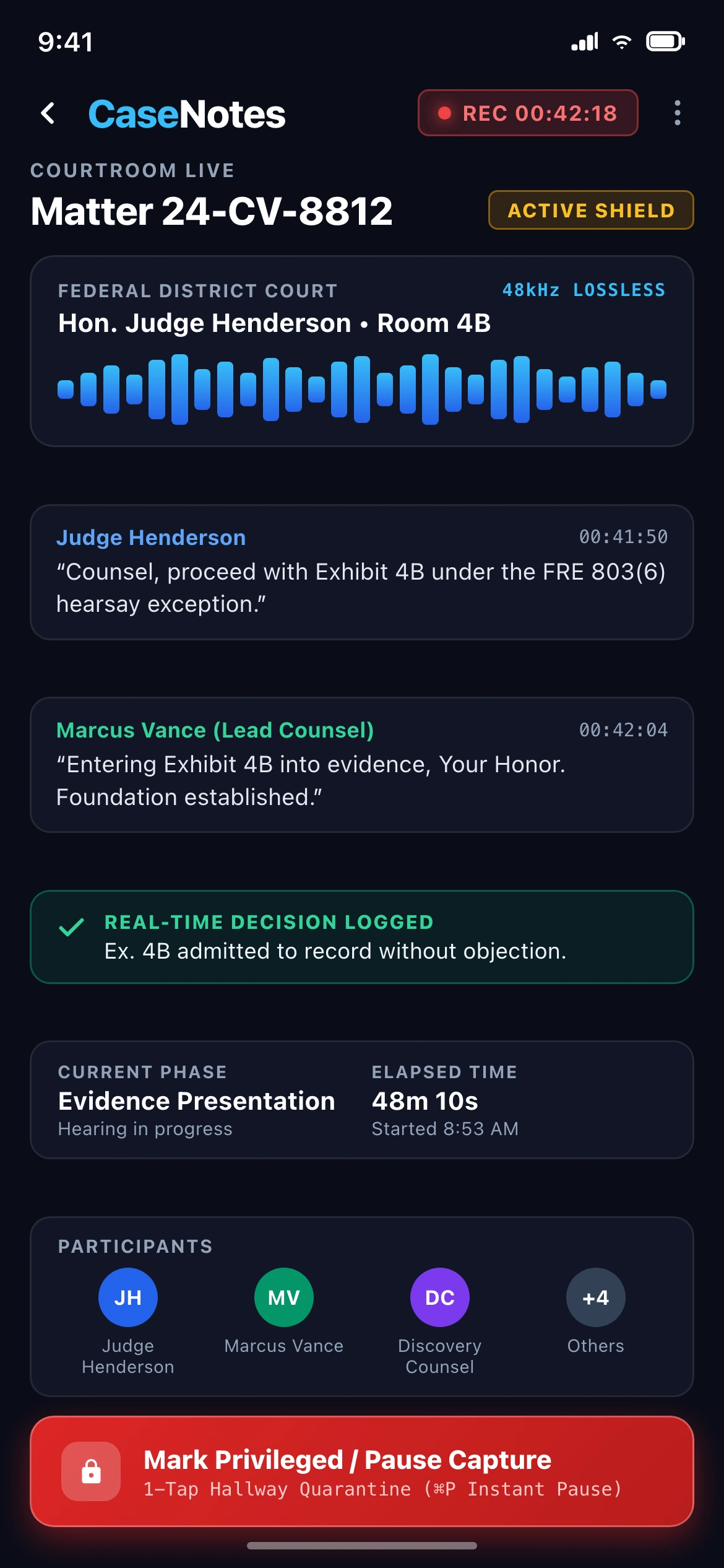 CaseNotes Mobile: Courtroom Live Hearing Attendance & 1-Tap Privilege Pause