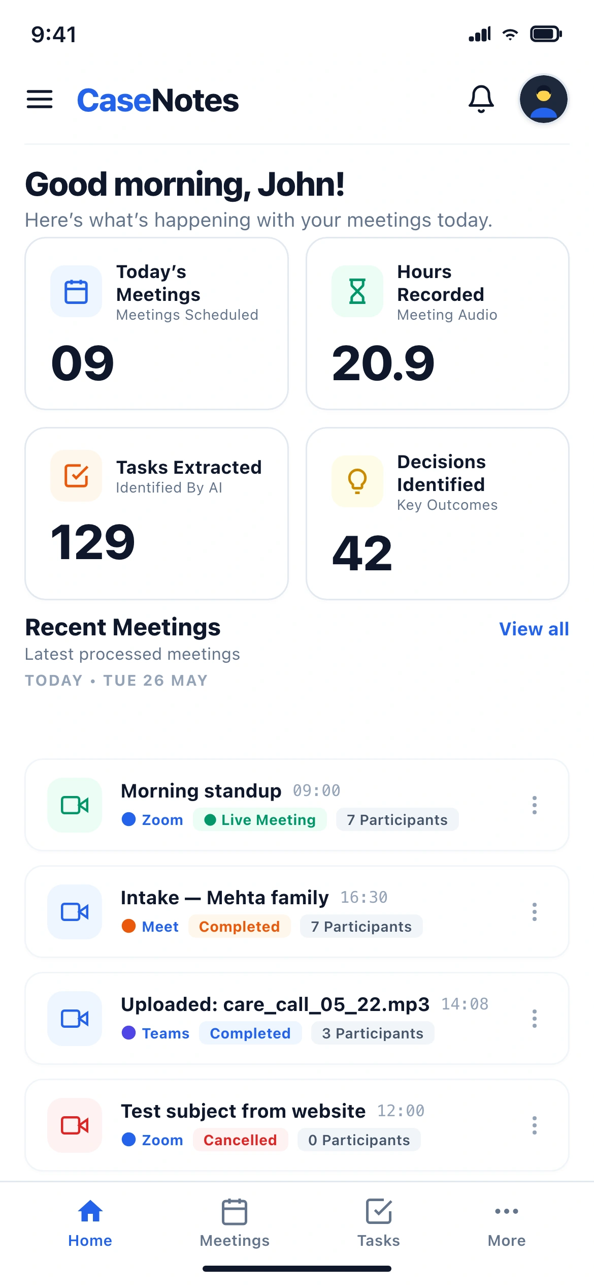 CaseNotes Mobile: Daily Meeting Intelligence Dashboard & Practice Overview