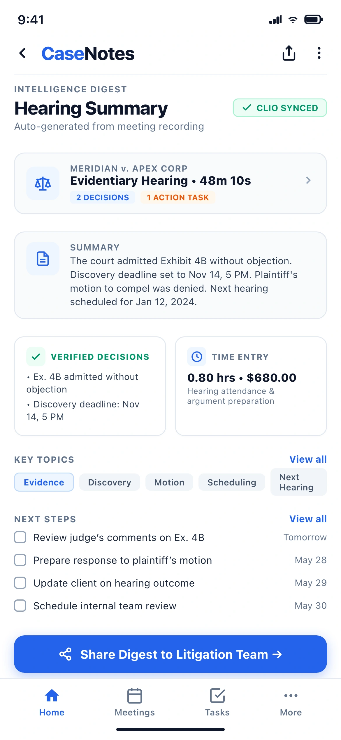 CaseNotes Mobile: Intelligence Digest with Verified Decisions & UTBMS Time Entries