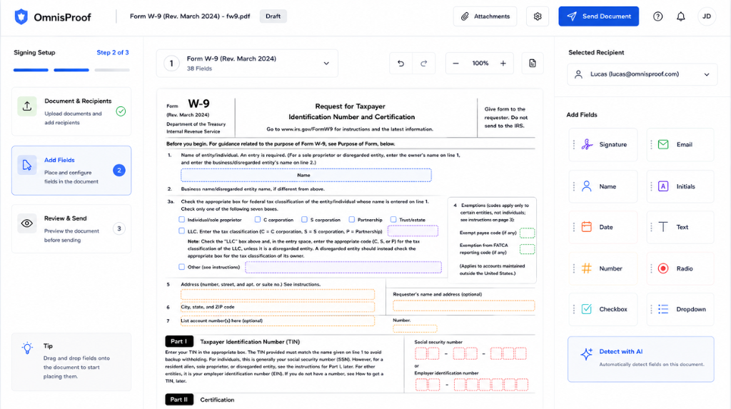 Redesigned single-page signing setup with document as the central focus, recipient panel, and field library