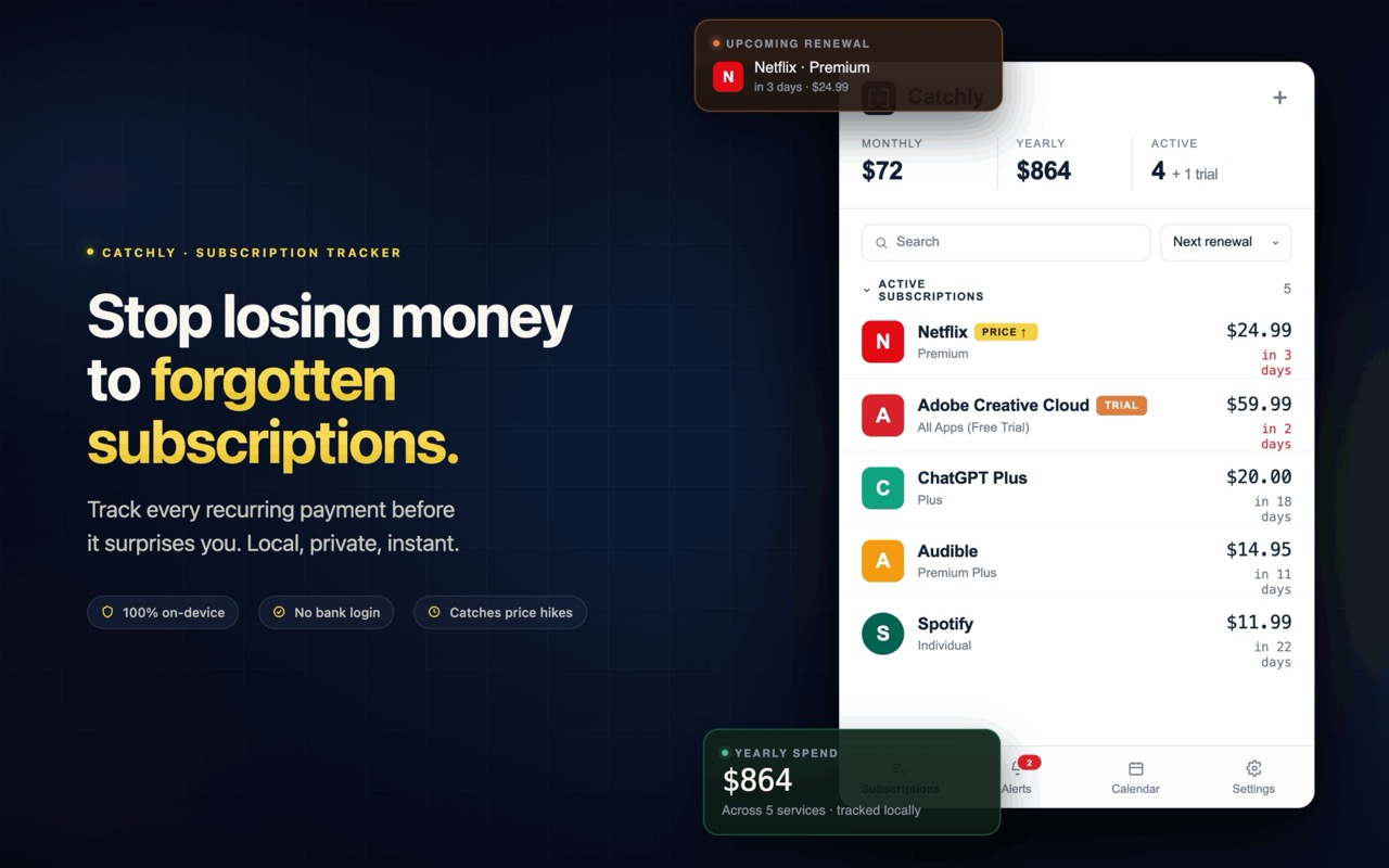 Catchly subscriptions dashboard showing tracked services organised by next renewal