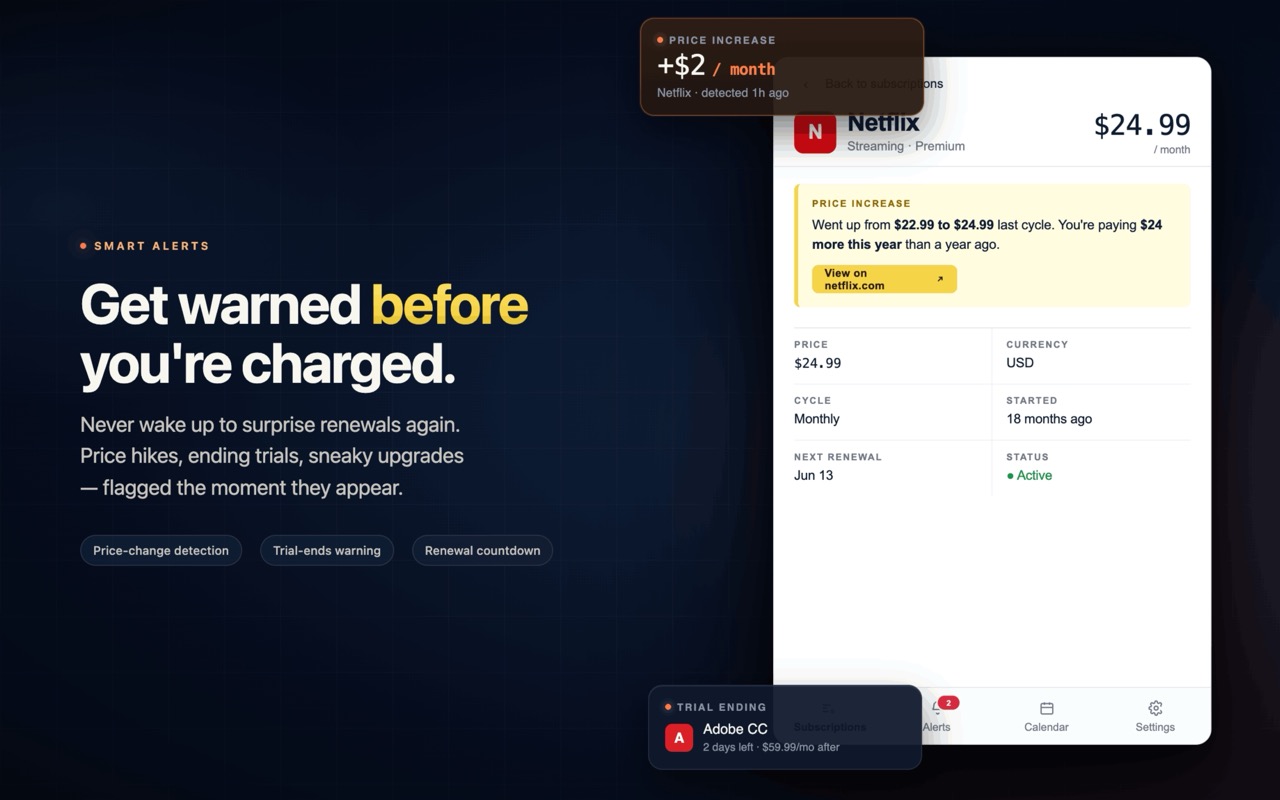 Alerts pane showing price hikes, trial endings and shadow charges